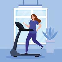 ejercicio en casa, mujer corriendo en cinta, usando la casa como gimnasio vector