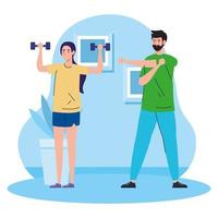 ejercicio en casa, pareja practicando ejercicio, usando la casa como gimnasio vector