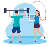 ejercicio en casa, pareja practicando ejercicio, usando la casa como gimnasio vector