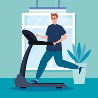 ejercicio en casa, hombre corriendo en cinta, usando la casa como gimnasio vector