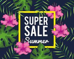 super sale summer banner with flowers and tropical leaves background, exotic floral banner vector