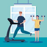 ejercicio en casa, pareja practicando ejercicio, usando la casa como gimnasio vector