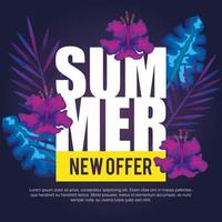 nueva oferta de verano, banner con flores y hojas tropicales, banner floral exótico vector