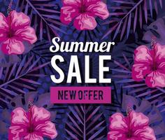 summer sale, new offer banner with flowers and tropical leaves background, exotic floral banner vector