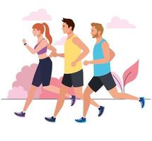 men and woman running in landscape, people in sportswear jogging, persons athlete, sporty persons vector