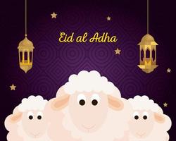 celebration of muslim community festival eid al adha, card with sacrificial sheep and golden lanterns hanging vector