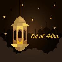 eid al adha mubarak, feliz fiesta de sacrificio, con decoración colgante de linterna dorada vector