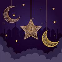 eid al adha mubarak, happy sacrifice feast, golden moons and star hanging decoration, cloudy night vector