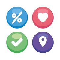 circle pin icons set, percentage, heart, check and mark location vector