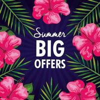 Grandes ofertas de verano, banner con flores y hojas tropicales, banner floral exótico. vector