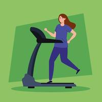 sport, woman running on treadmill, sport person at the electrical training machine vector