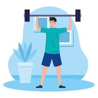 ejercicio en casa, hombre levantando pesas, usando la casa como gimnasio vector