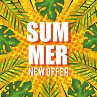 summer new offer, banner with tropical leaves background, exotic floral banner vector