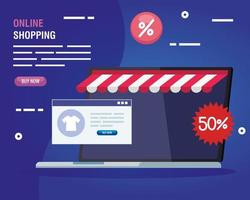 compras en línea en un sitio web o dispositivo móvil, marketing conceptual y marketing digital en una computadora portátil con descuento vector