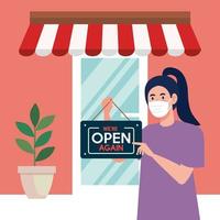 open again after quarantine, woman with label of reopening of shop, we are open again, store shop facade vector