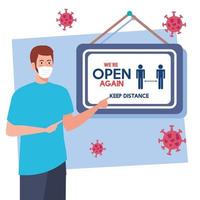open again after quarantine, man with owner welcoming customer, reopening of shop, we are open again, keep distance vector
