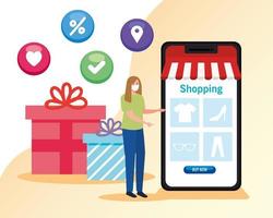 woman buying online during covid 19 , shopping online on website, digital marketing in smartphone, stay safe during coronavirus vector