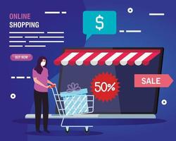 woman buying online during covid 19, concept marketing and digital marketing in laptop with discount vector