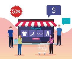 people buying online during covid 19, concept marketing and digital marketing in laptop with discount vector