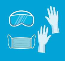 medical gloves, medical mask and safety glasses, prevention for coronavirus covid 19 vector