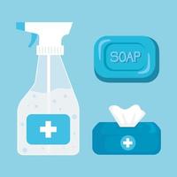 soap bar , bottle disinfectant and tissue box, prevent covid 19 vector