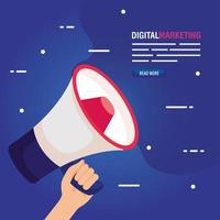 digital online marketing for business and social media marketing, content marketing, hand with megaphone vector