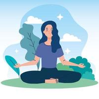 woman meditating in nature and leaves, concept for yoga, meditation, relax, healthy lifestyle vector