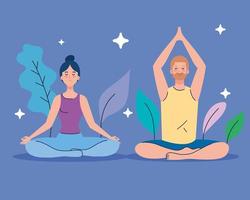 pareja meditando en la naturaleza y hojas, concepto de yoga, meditación, relajación, estilo de vida saludable vector