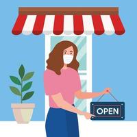 open again after quarantine, woman with label of reopening of shop, we are open again, store shop facade vector