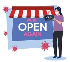 open again after quarantine, reopening of shop, woman with label of we are open again vector