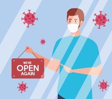 open again after quarantine, reopening of shop, man with label of we are open again vector