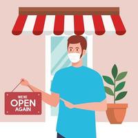 open again after quarantine, man with label of reopening of shop, we are open again, store shop facade vector