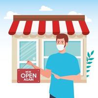 open again after quarantine, man with label of reopening of shop, we are open again, store shop facade vector