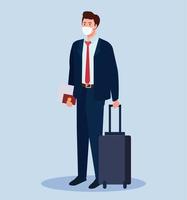businessman tourist wearing medical mask with luggage, travel during coronavirus, prevention covid 19 vector