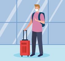 man tourist wearing medical mask with luggage, travel during coronavirus, prevention covid 19 vector