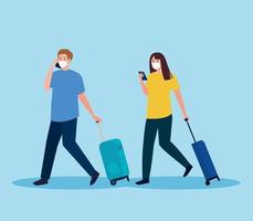 couple tourist wearing medical mask with luggage, travel during coronavirus, prevention covid 19 vector