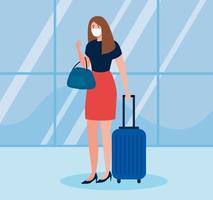 business woman tourist wearing medical mask with luggage, travel during coronavirus, prevention covid 19 vector