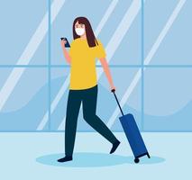 woman tourist wearing medical mask with luggage, travel during coronavirus, prevention covid 19 vector