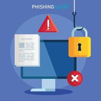 concepto de estafa en línea de piratería de phishing de datos, con gancho de computadora e iconos vector