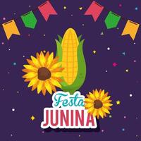 cartel de fiesta junina con mazorca y decoración. vector