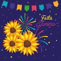 festa junina poster with sunflowers and garland hanging vector
