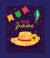 cartel de festa junina con sombrero de mimbre y decoración vector