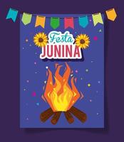 cartel de festa junina con fogata y guirnalda colgando vector