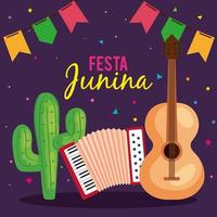 festa junina poster with guitar and icons traditional vector