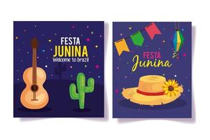 set poster of festa junina with decoration vector