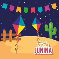 cartel de fiesta junina con cometas y decoración. vector