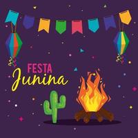 cartel de festa junina con hoguera e iconos tradicionales vector