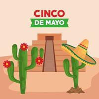 cartel del cinco de mayo con pirámide y cactus vector