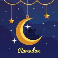 cartel de ramadan kareem con luna colgando vector