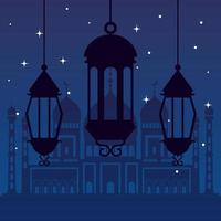 ramadan kareem poster with silhouette of lanterns hanging vector